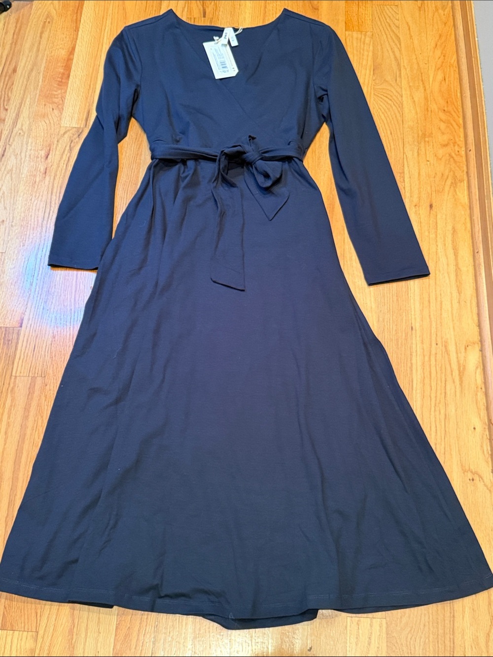 PACT Navy Organic Cotton Faux Wrap Maxi Dress Tie Waist Long Sleeve XL NWT